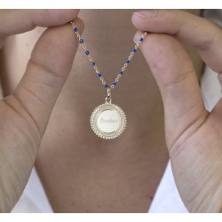 Collier chaine émaillée bleue médaille perlée - Plaqué or