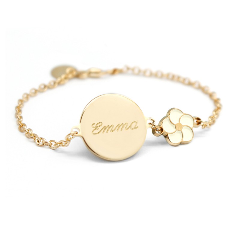 Children chain bracelet and ivory coloured lacquered flower to engrave -  Gold Plated - Petits Tresors